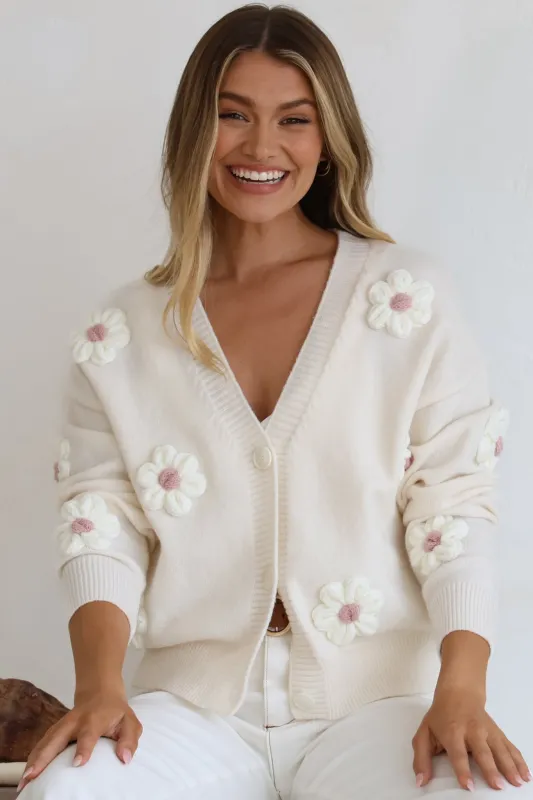 Blossom Cardigan - Cropped Thick Knit Cardigan with Flower Decals in Beige sold by Salty Crush