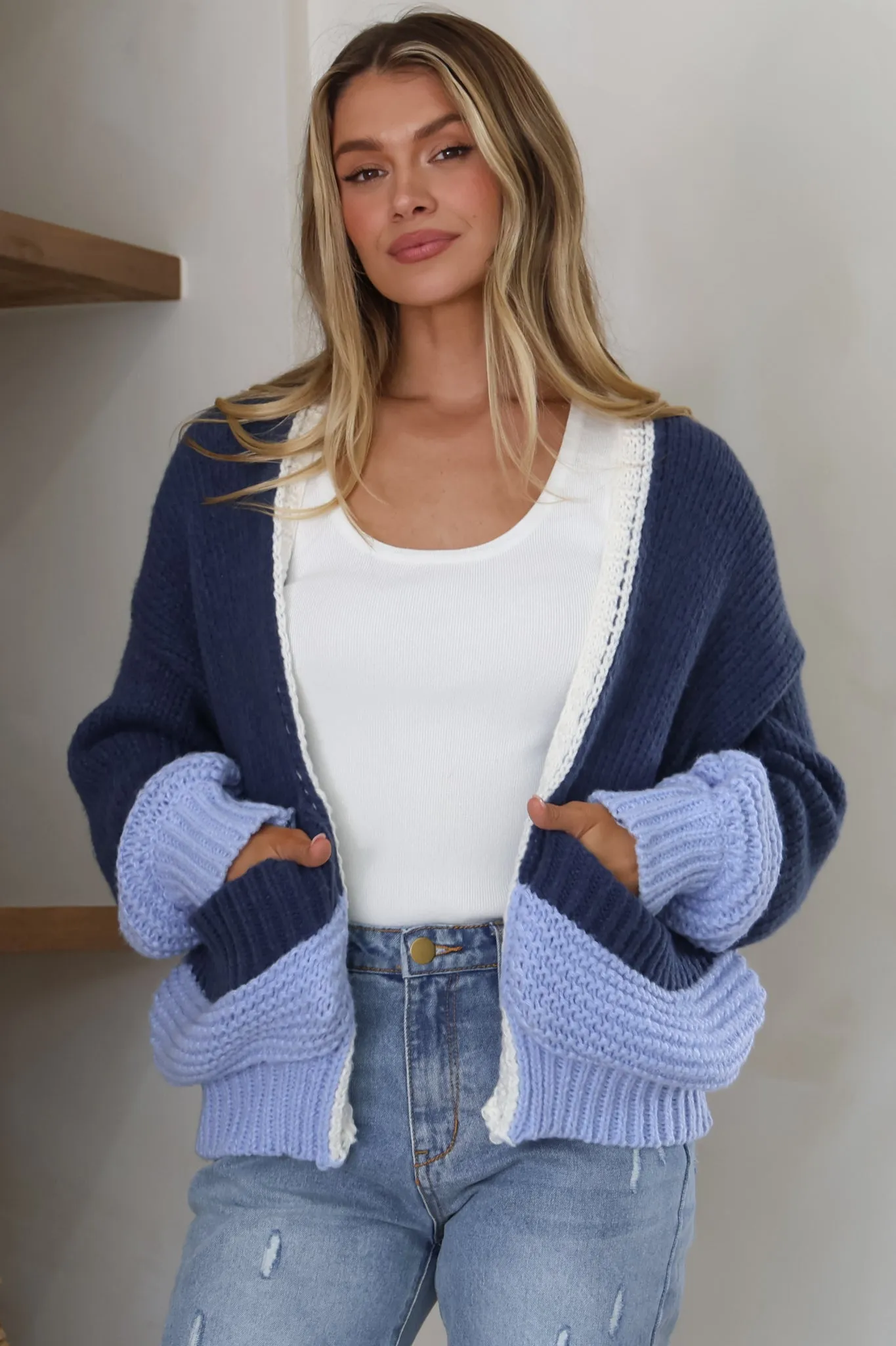 Rosie Cardigan - Cropped Color Block Cardigan in Blue sold by Salty Crush product image thumbnail 2