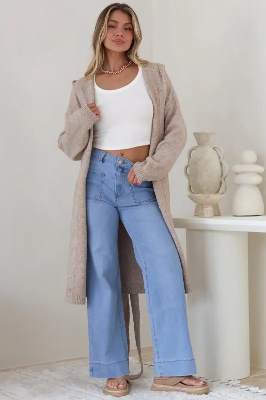 Windsor Cardigan - Hooded Open Front Coatigan with Waist Tie in Taupe sold by Salty Crush