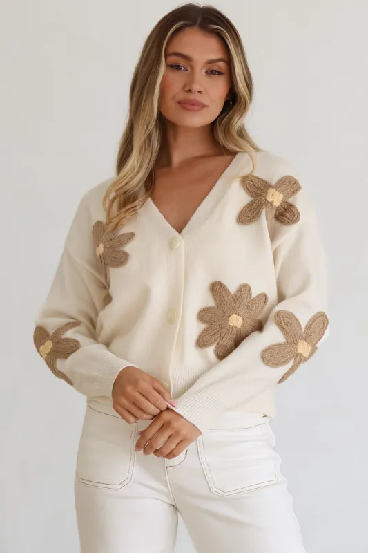 Pippa Cardigan - Cropped Thick Knit Cardigan with Flower Decals in Beige sold by Salty Crush