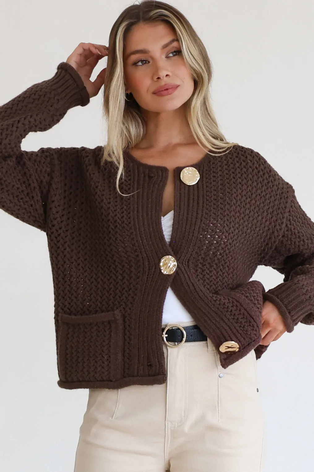 Tyane Cardigan - Chunky Gold Buttoned Cardigan with Pockets in Brown sold by Salty Crush product image thumbnail 2
