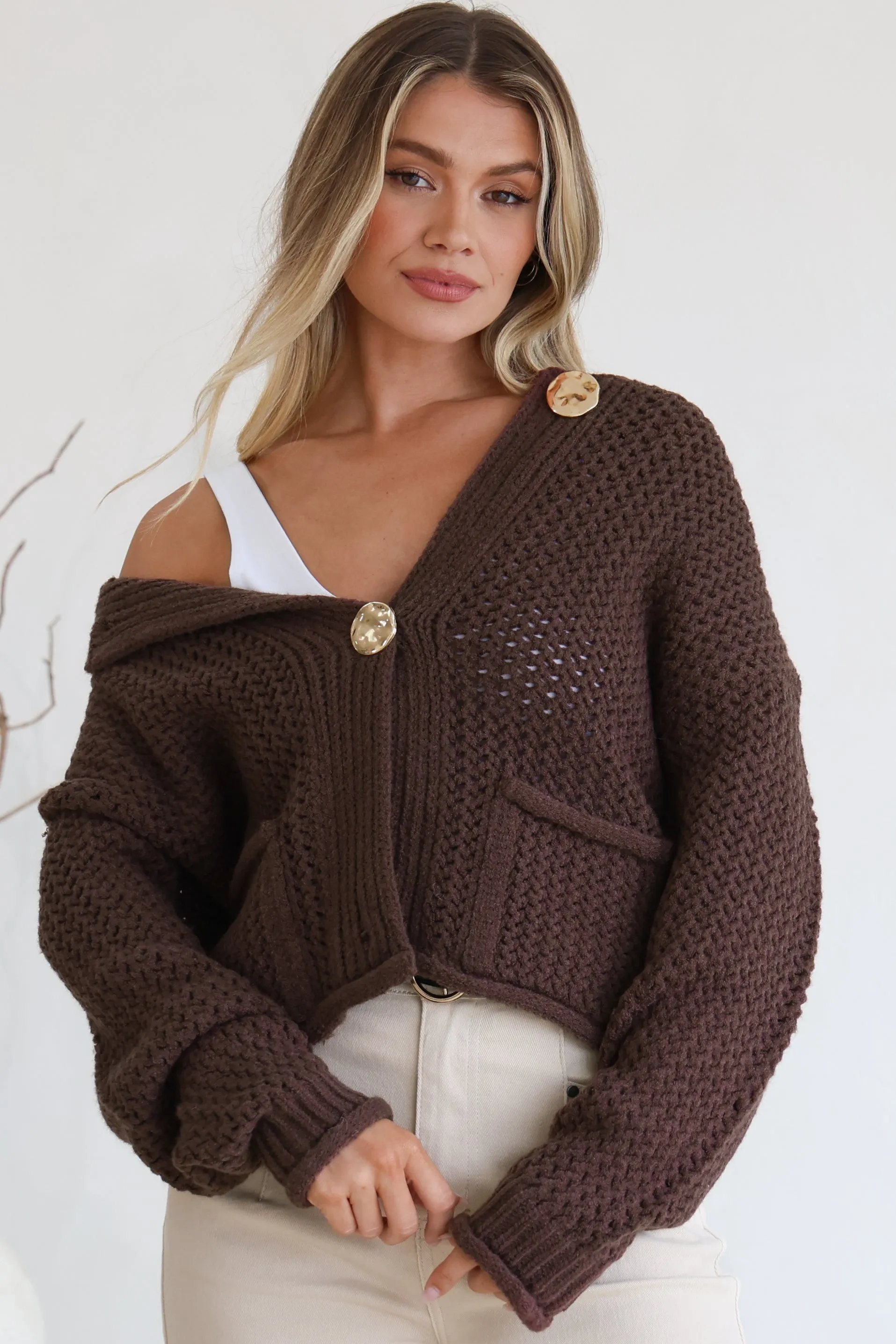 Tyane Cardigan - Chunky Gold Buttoned Cardigan with Pockets in Brown sold by Salty Crush product image thumbnail 3