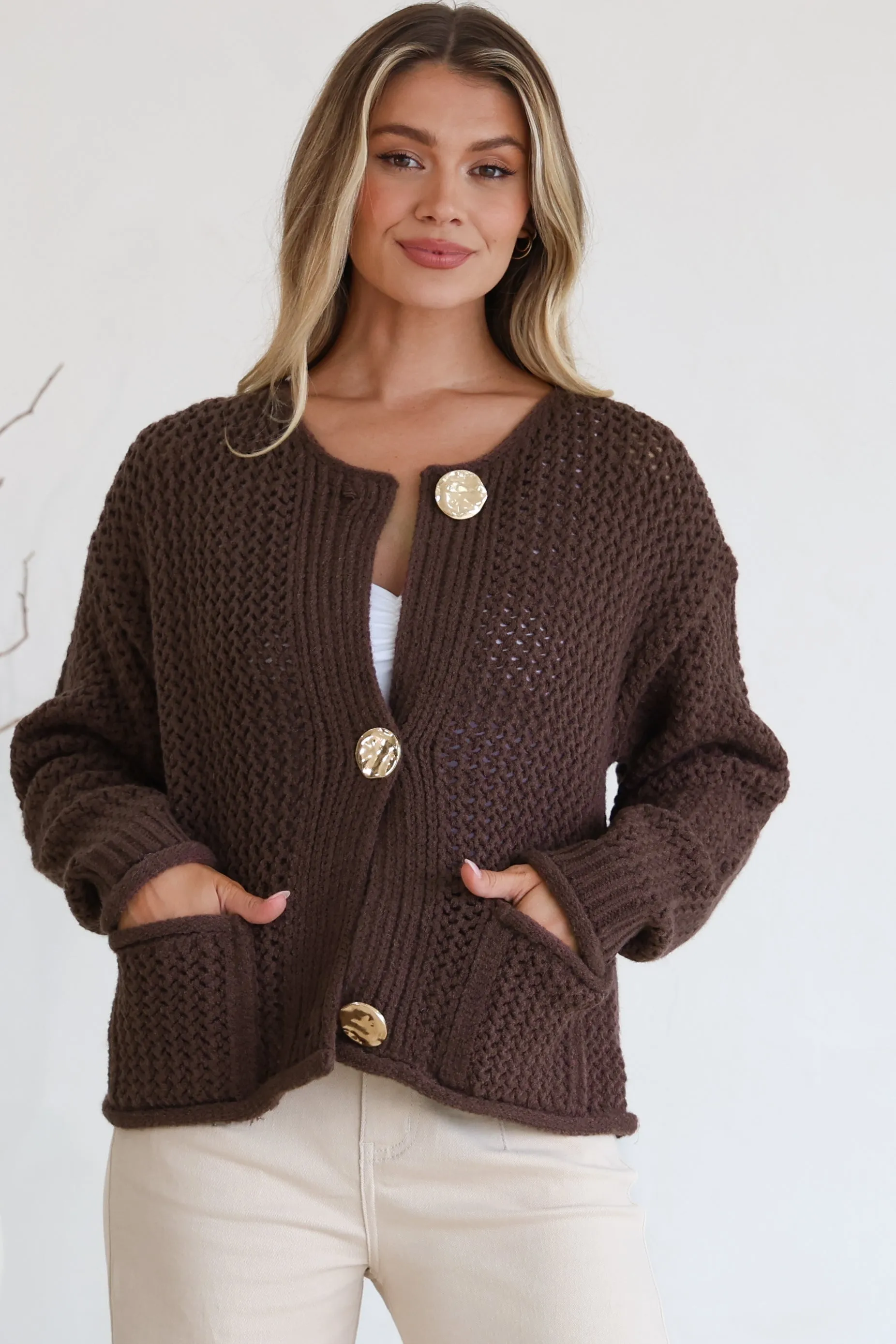 Tyane Cardigan - Chunky Gold Buttoned Cardigan with Pockets in Brown sold by Salty Crush product image thumbnail 4