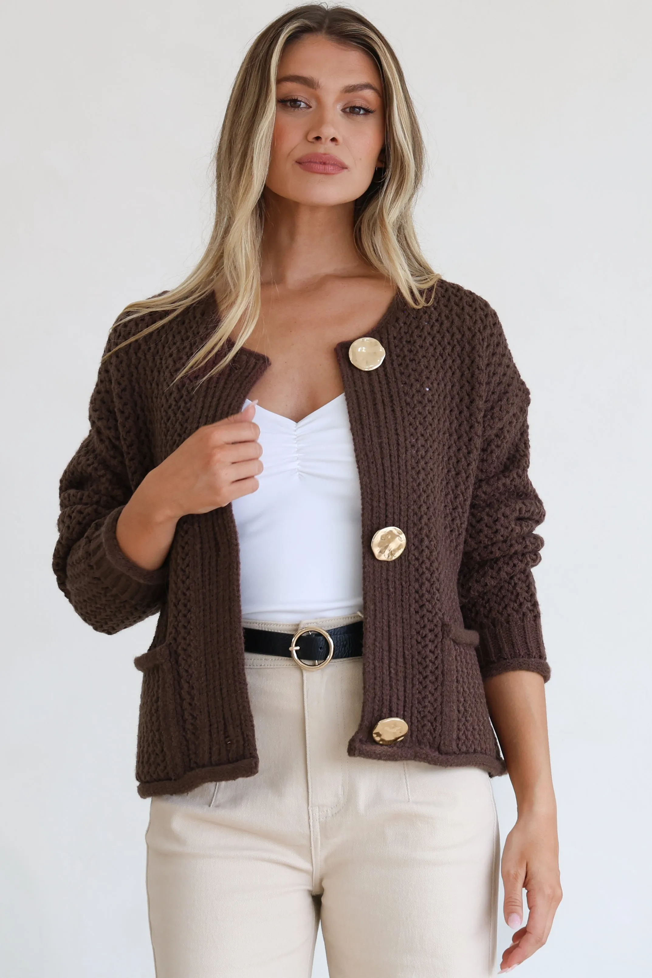 Tyane Cardigan - Chunky Gold Buttoned Cardigan with Pockets in Brown sold by Salty Crush product image thumbnail 5