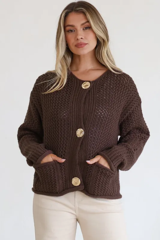Tyane Cardigan - Chunky Gold Buttoned Cardigan with Pockets in Brown sold by Salty Crush