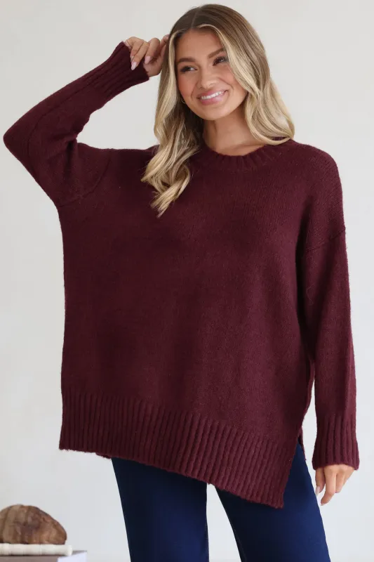 Sammy Jumper - Crew Neck Ribbed Shark Bite Hemline Jumper in Wine sold by Salty Crush
