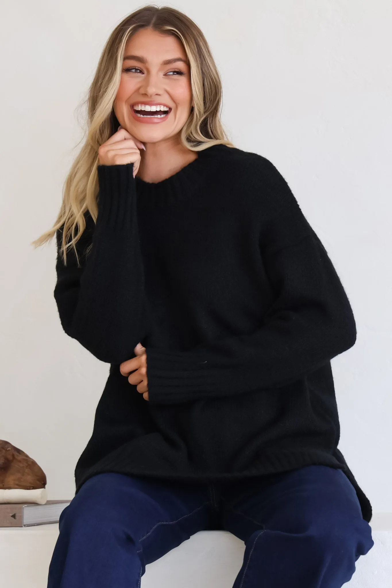 Sammy Jumper - Crew Neck Ribbed Shark Bite Hemline Jumper in Black sold by Salty Crush product image thumbnail 2