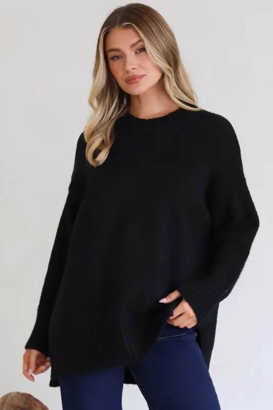 Sammy Jumper - Crew Neck Ribbed Shark Bite Hemline Jumper in Black sold by Salty Crush