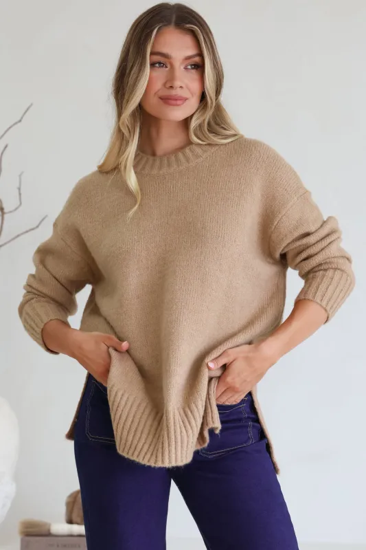 Sammy Jumper - Crew Neck Ribbed Shark Bite Hemline Jumper in Camel sold by Salty Crush
