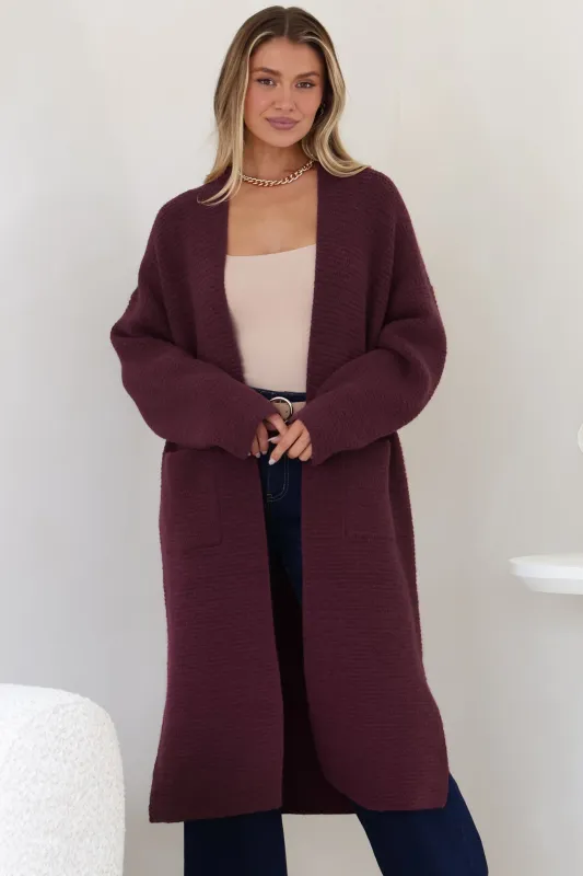 Levi Cardigan - Open Front Long Knit Cardigan with Pockets in Wine sold by Salty Crush