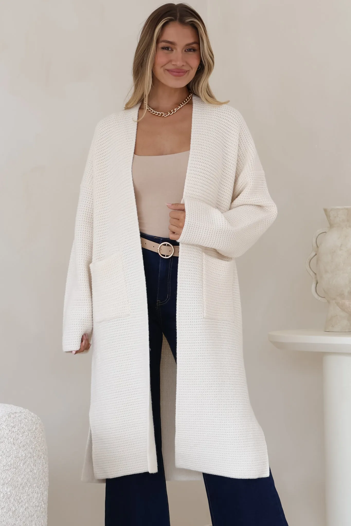 Levi Cardigan - Open Front Long Knit Cardigan with Pockets in Beige sold by Salty Crush