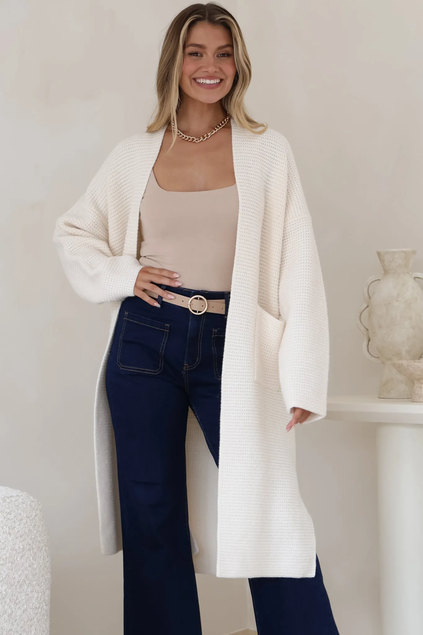 Levi Cardigan - Open Front Long Knit Cardigan with Pockets in Beige sold by Salty Crush product image thumbnail 2