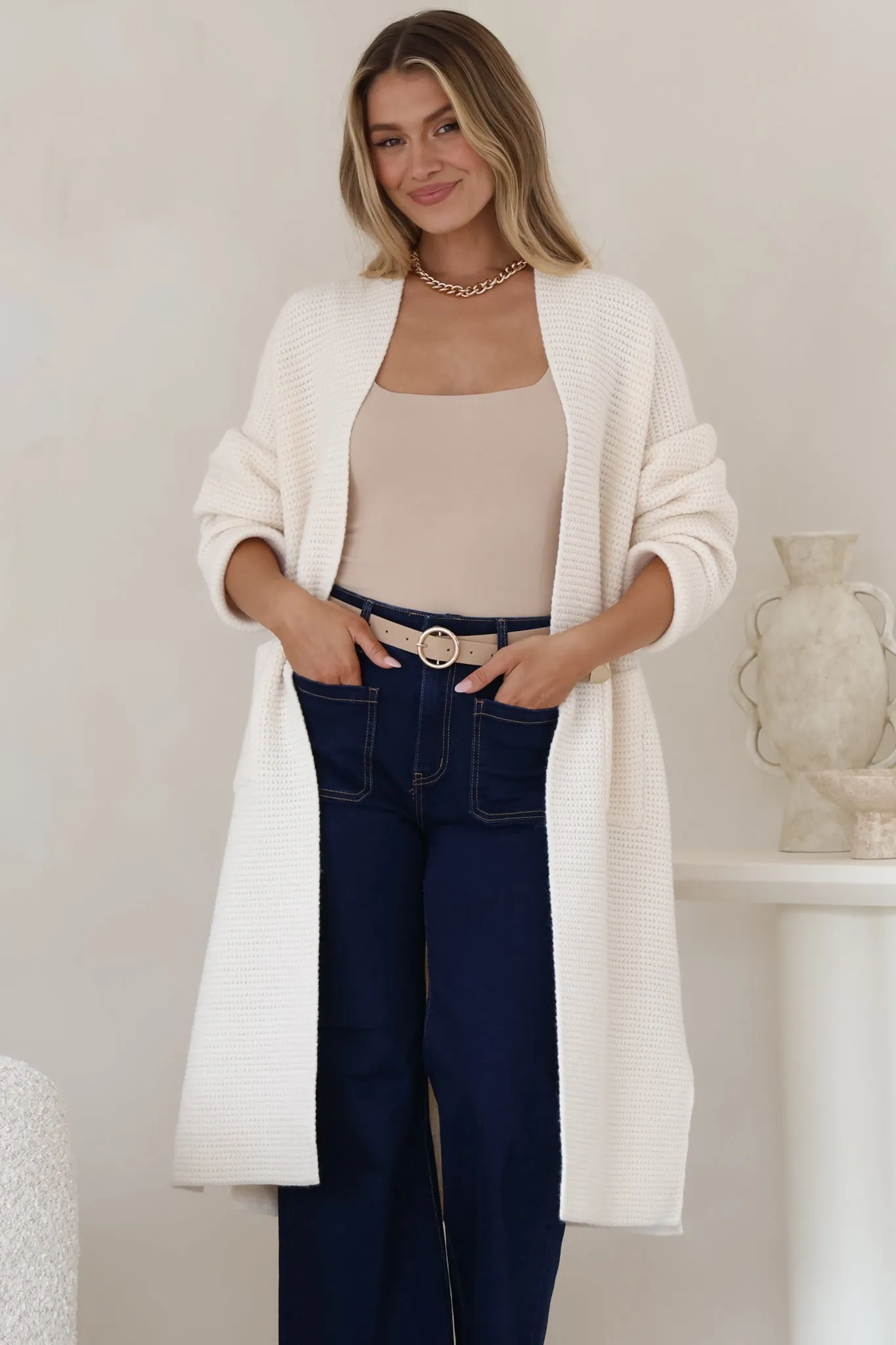 Levi Cardigan - Open Front Long Knit Cardigan with Pockets in Beige sold by Salty Crush product image thumbnail 5