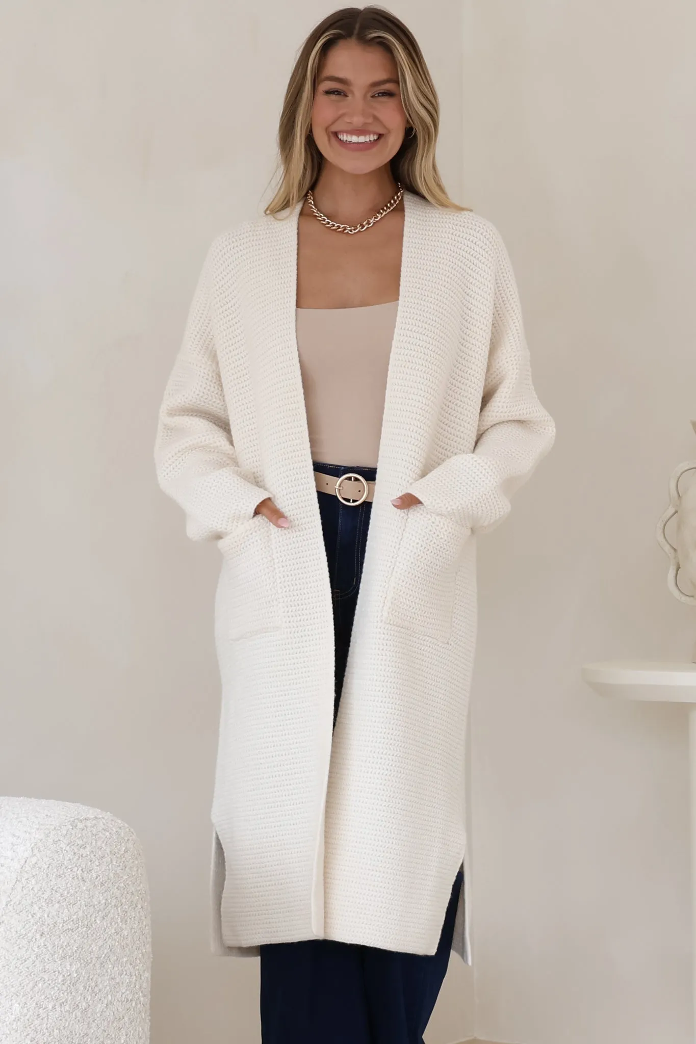 Levi Cardigan - Open Front Long Knit Cardigan with Pockets in Beige sold by Salty Crush product image thumbnail 3