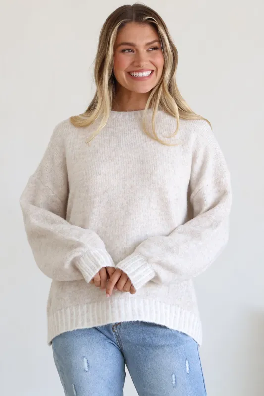 Aura Jumper - Crew Neck Jumper with Contrast Stripe Trim in Beige sold by Salty Crush