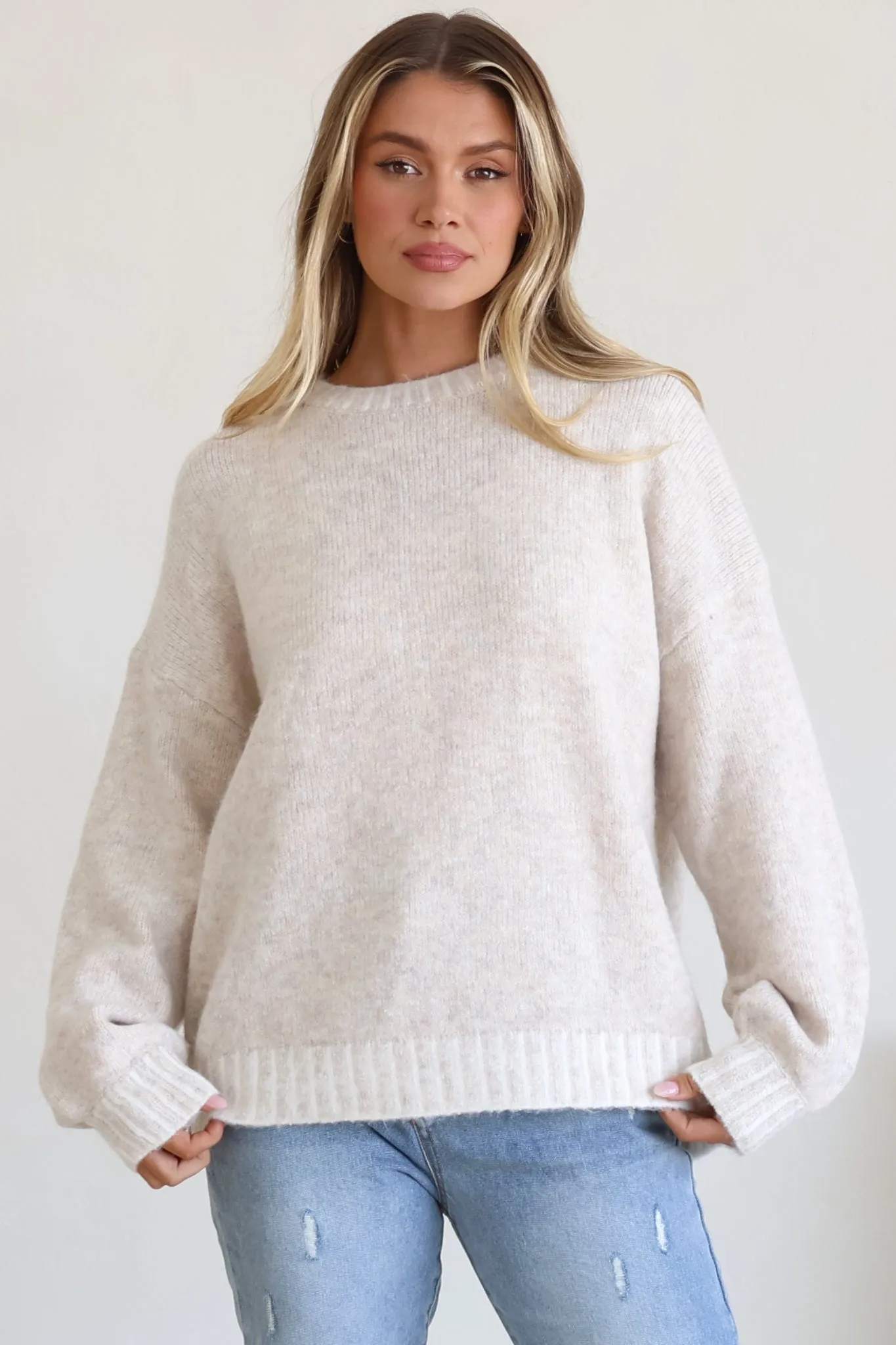 Aura Jumper - Crew Neck Jumper with Contrast Stripe Trim in Beige sold by Salty Crush product image thumbnail 5