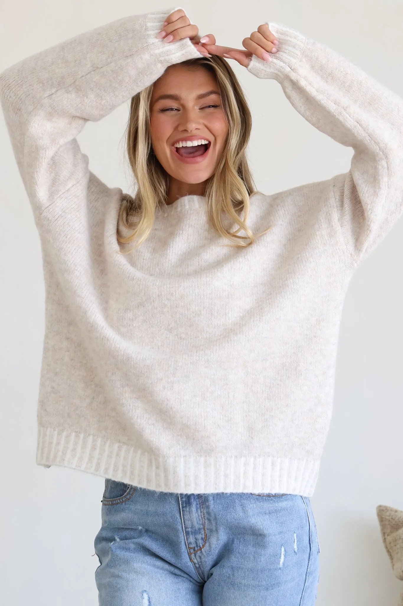 Aura Jumper - Crew Neck Jumper with Contrast Stripe Trim in Beige sold by Salty Crush product image thumbnail 3