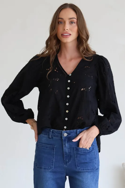 Marise Blouse - Hollow Out Embroidered Button Down Blouse in Black sold by Salty Crush