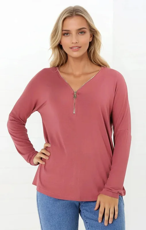 Cecile Top - Zipper Detail V Neck Top in Guava sold by Salty Crush