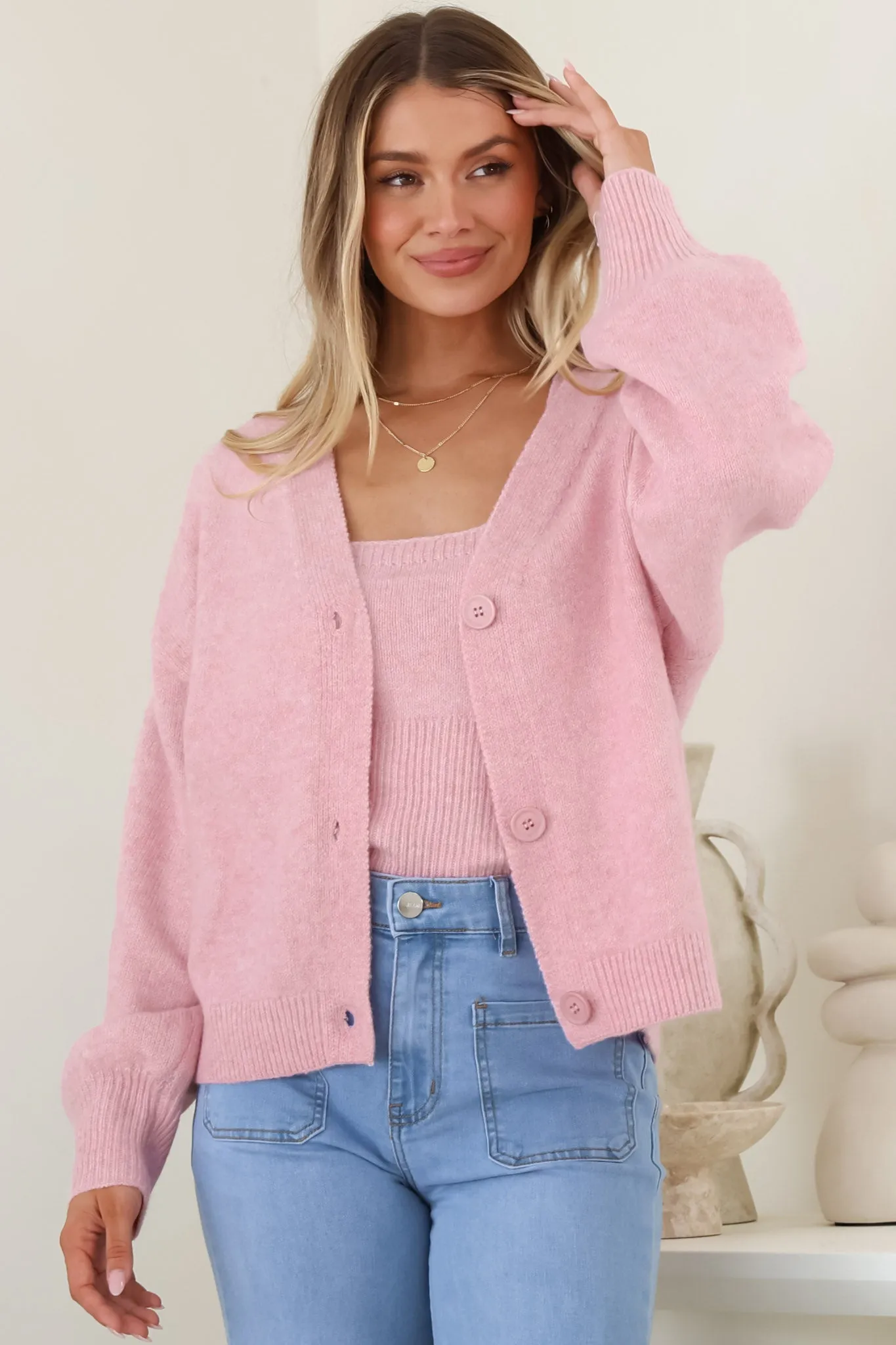 Indie Cardigan Set - Knit Top and Button Down Cardigan Set in Pink sold by Salty Crush product image thumbnail 4