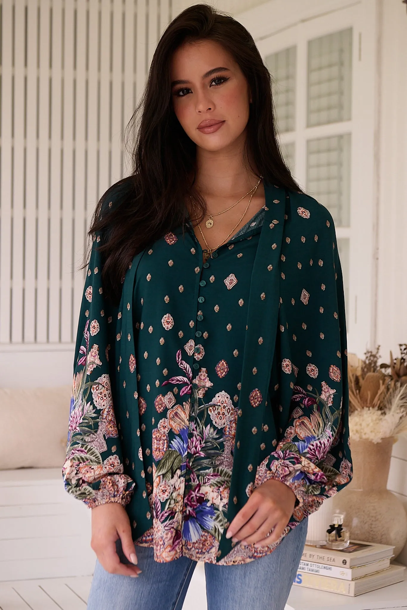 Imogen Blouse - Mandarin Collar Button Down Blouse in Estella Print sold by Salty Crush product image thumbnail 4