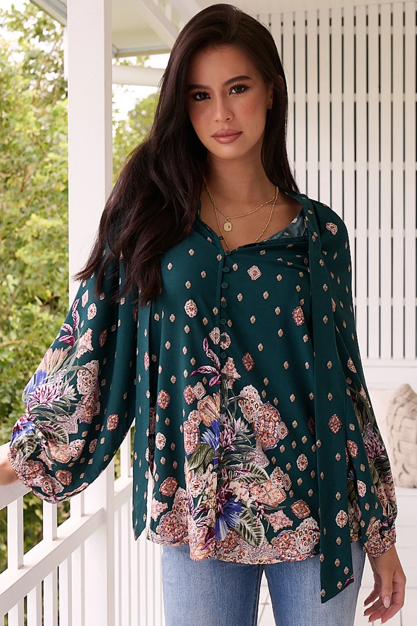 Imogen Blouse - Mandarin Collar Button Down Blouse in Estella Print sold by Salty Crush product image thumbnail 2