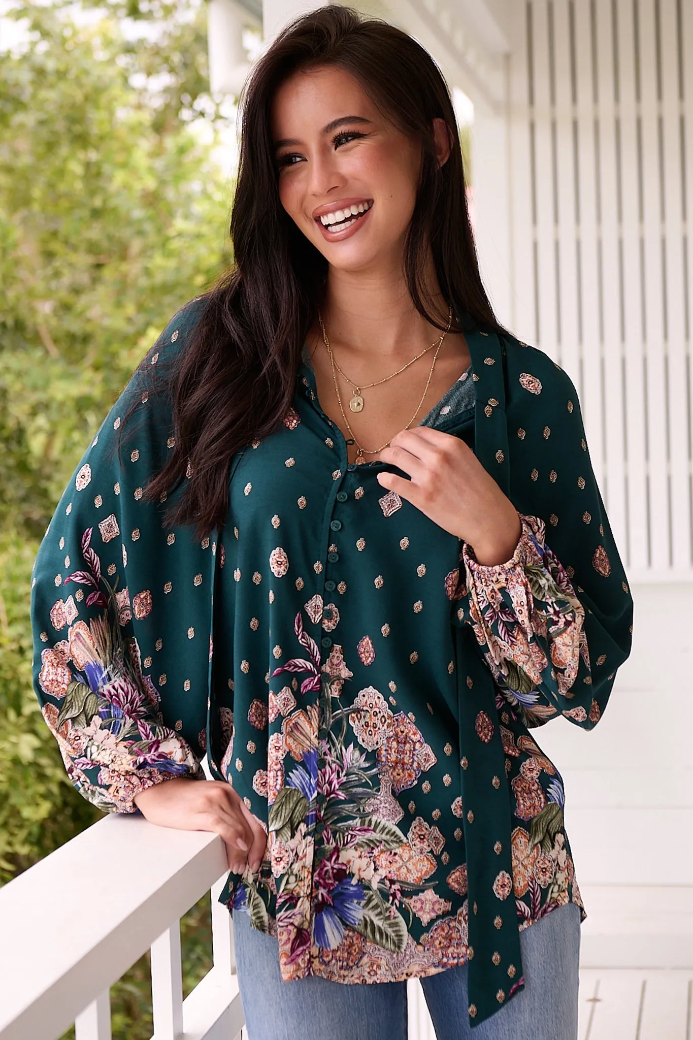 Imogen Blouse - Mandarin Collar Button Down Blouse in Estella Print sold by Salty Crush product image thumbnail 5