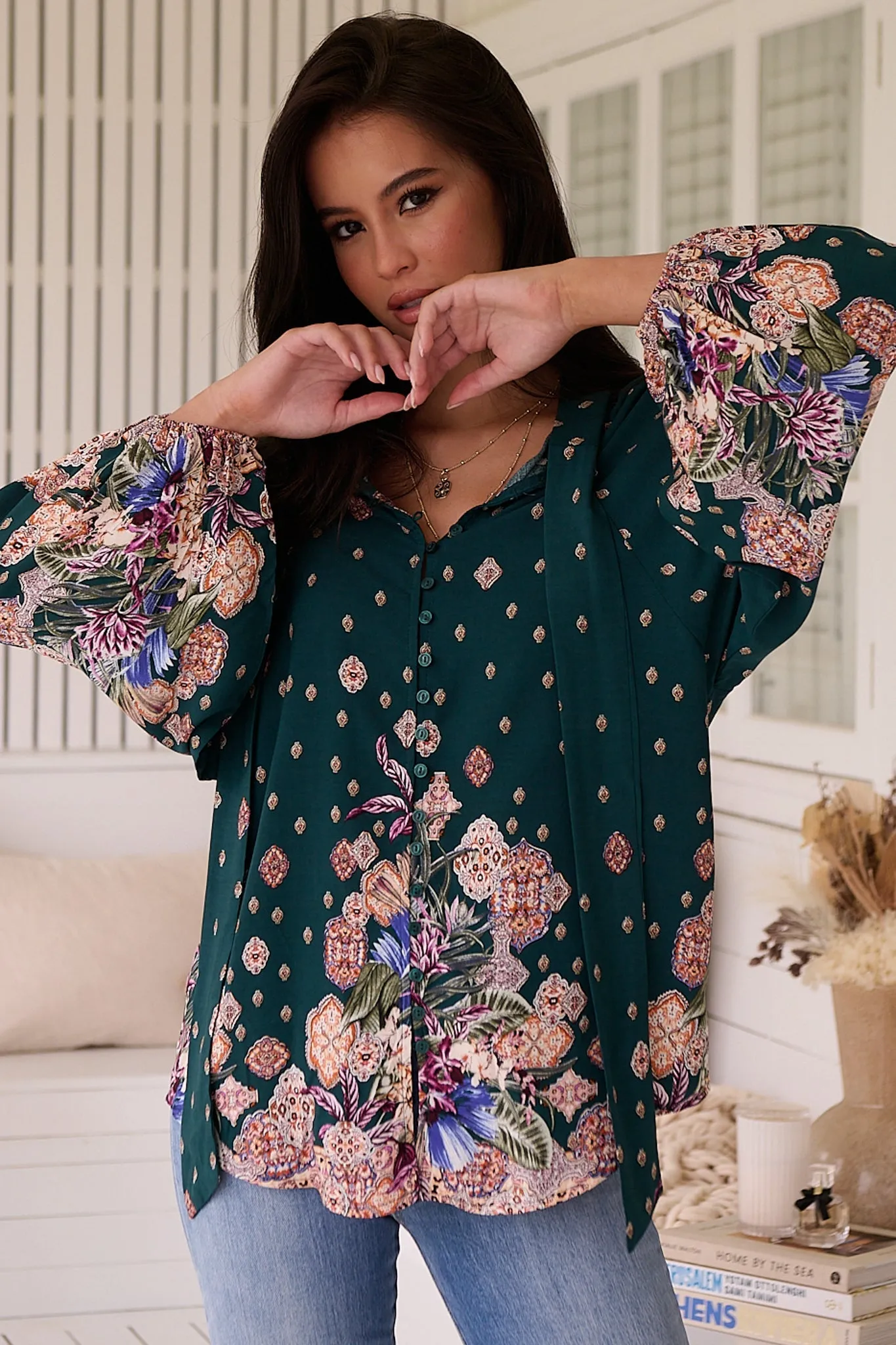 Imogen Blouse - Mandarin Collar Button Down Blouse in Estella Print sold by Salty Crush product image thumbnail 3