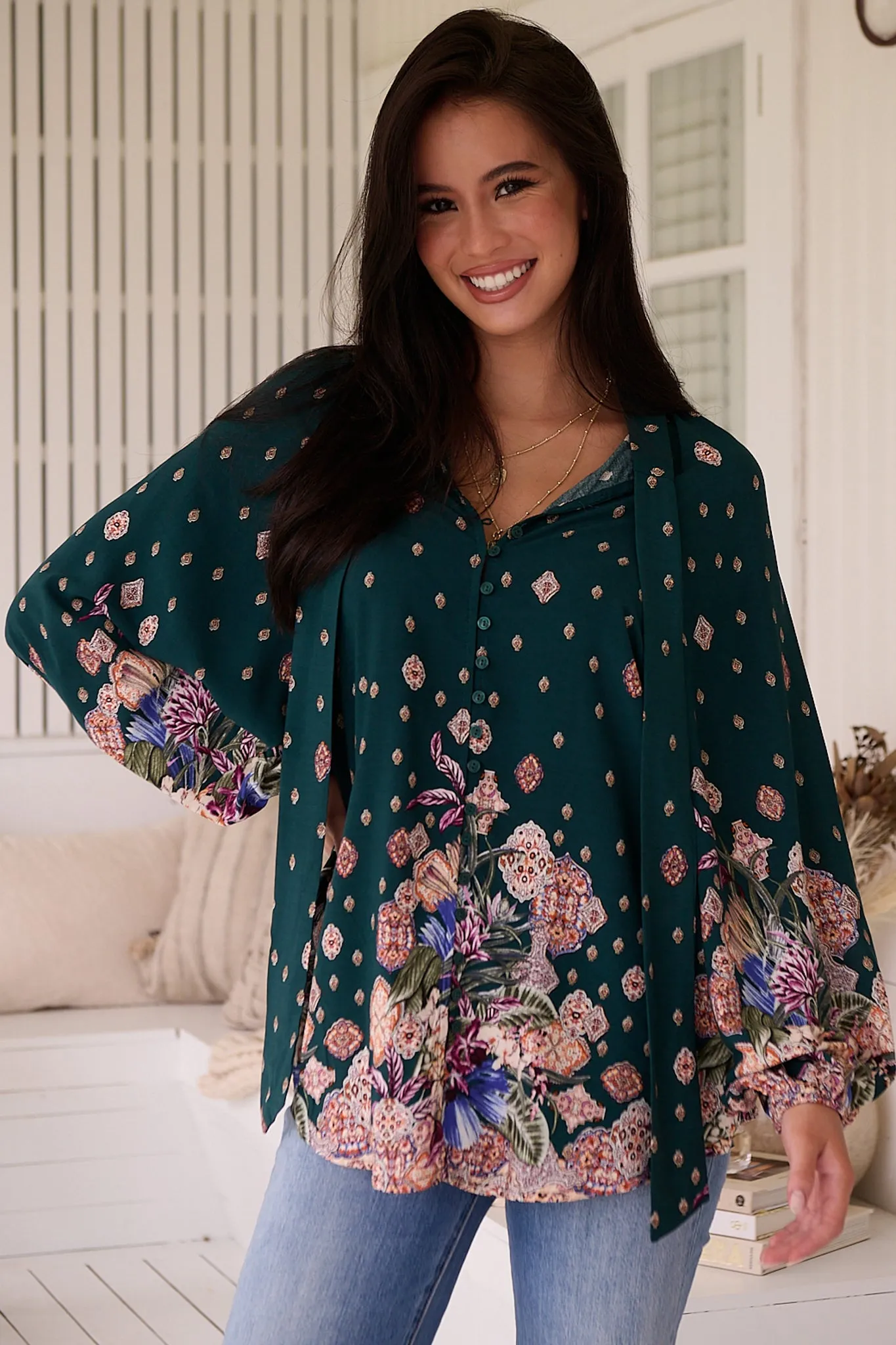 Imogen Blouse - Mandarin Collar Button Down Blouse in Estella Print sold by Salty Crush