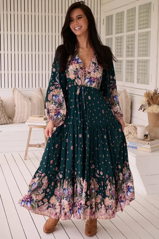 Teresa Maxi Dress - A Line Dress with Long Balloon Sleeves in Estella Print sold by Salty Crush