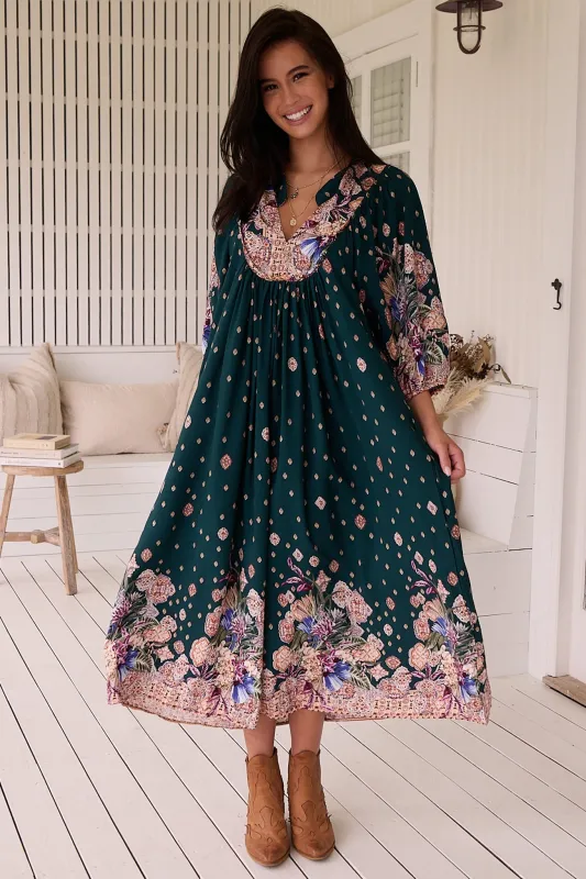 Boheme Midi Dress - Piping Defined Bust Slimline Smock Dress in Estella Print sold by Salty Crush