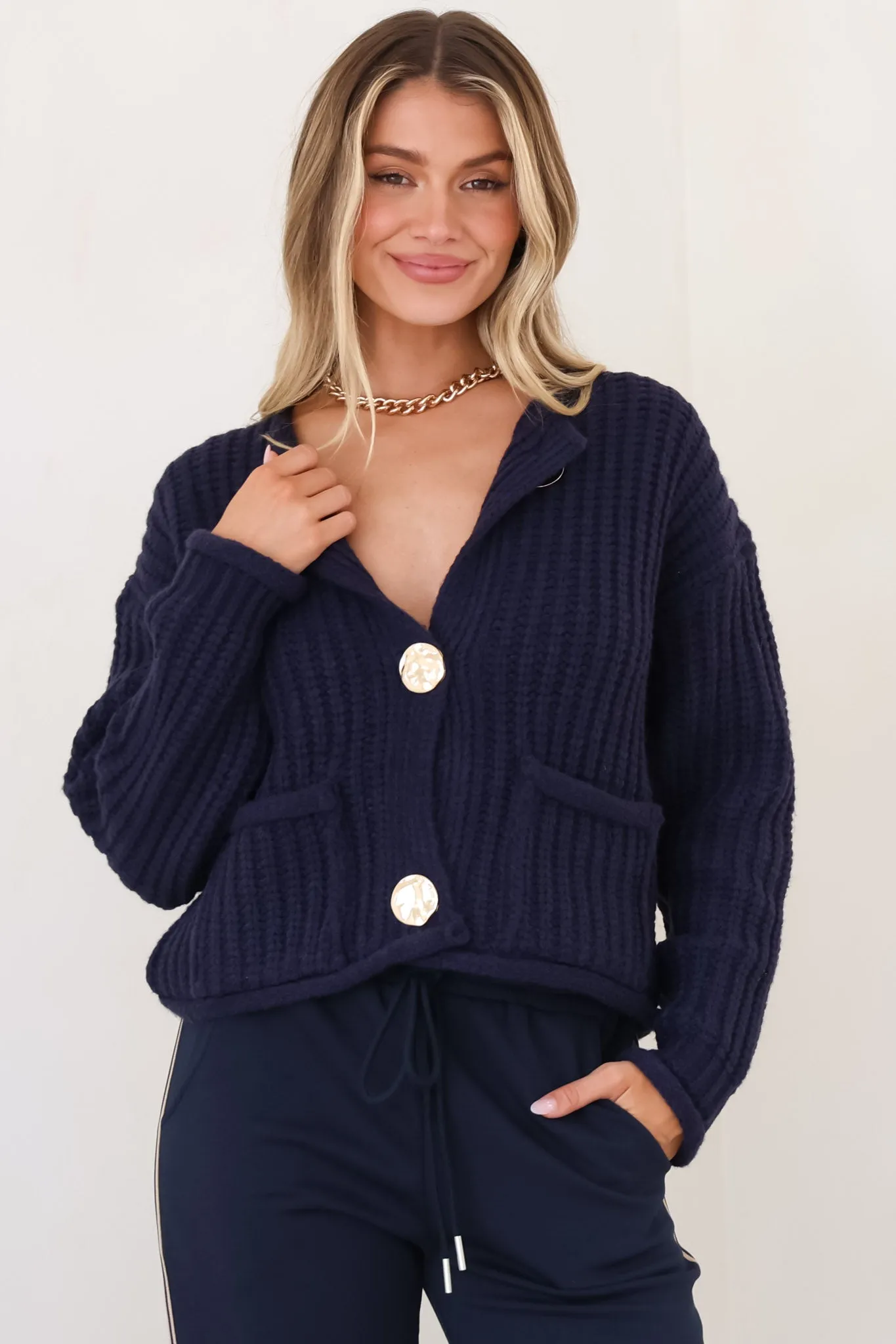 Clara Cardigan - Cable Knit Chunky Gold Buttoned Cardigan in Navy sold by Salty Crush product image thumbnail 4