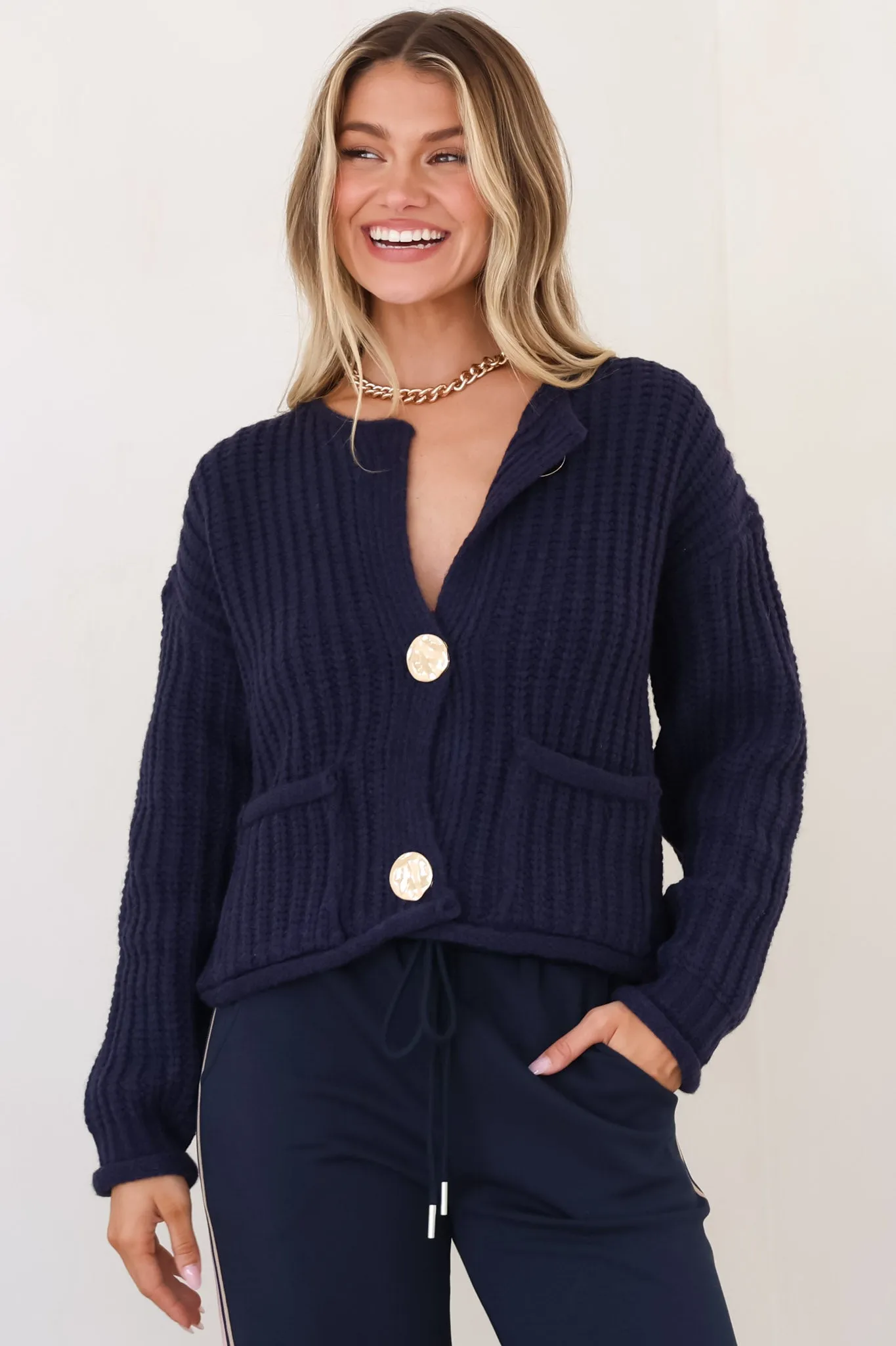 Clara Cardigan - Cable Knit Chunky Gold Buttoned Cardigan in Navy sold by Salty Crush product image thumbnail 2