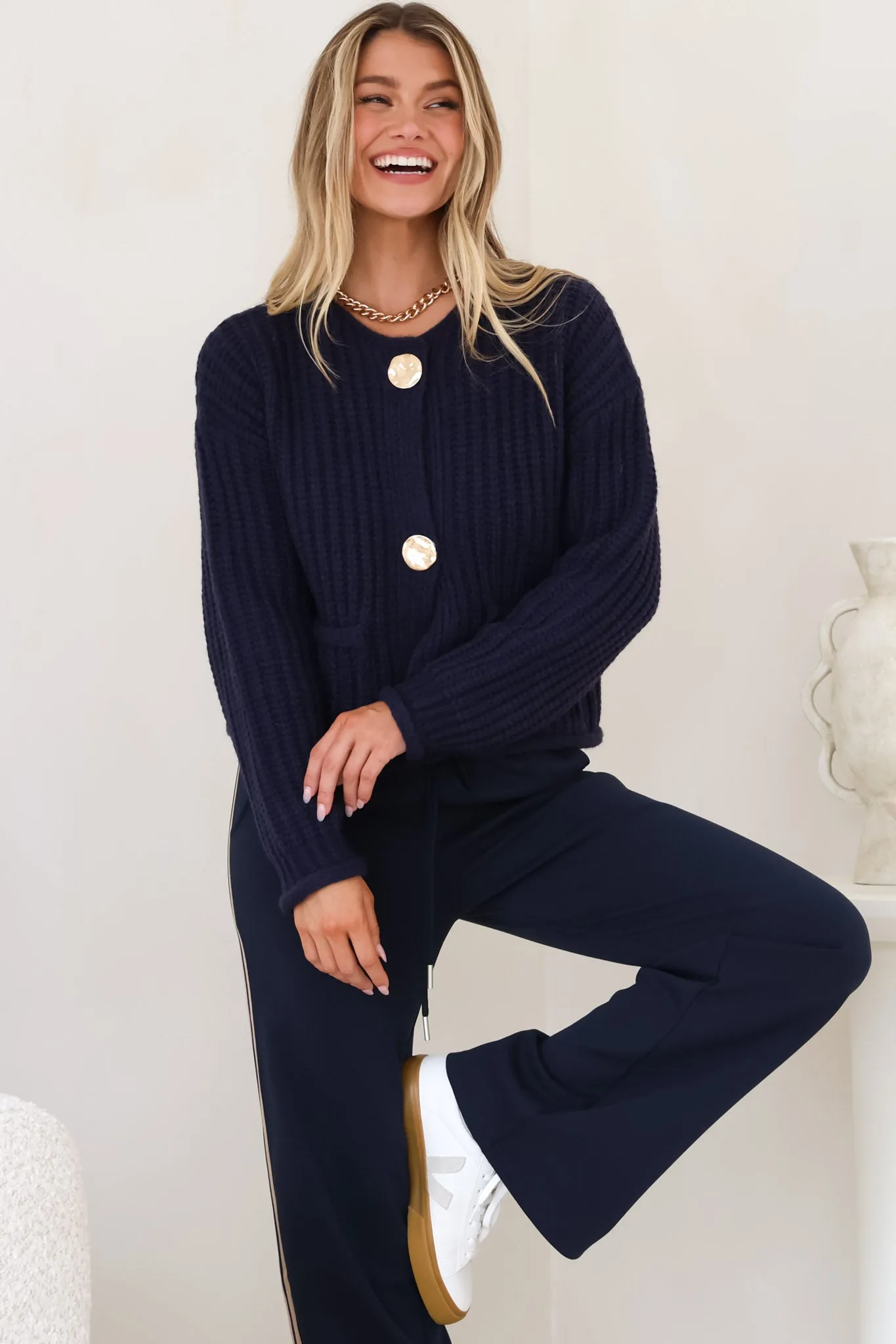 Clara Cardigan - Cable Knit Chunky Gold Buttoned Cardigan in Navy sold by Salty Crush
