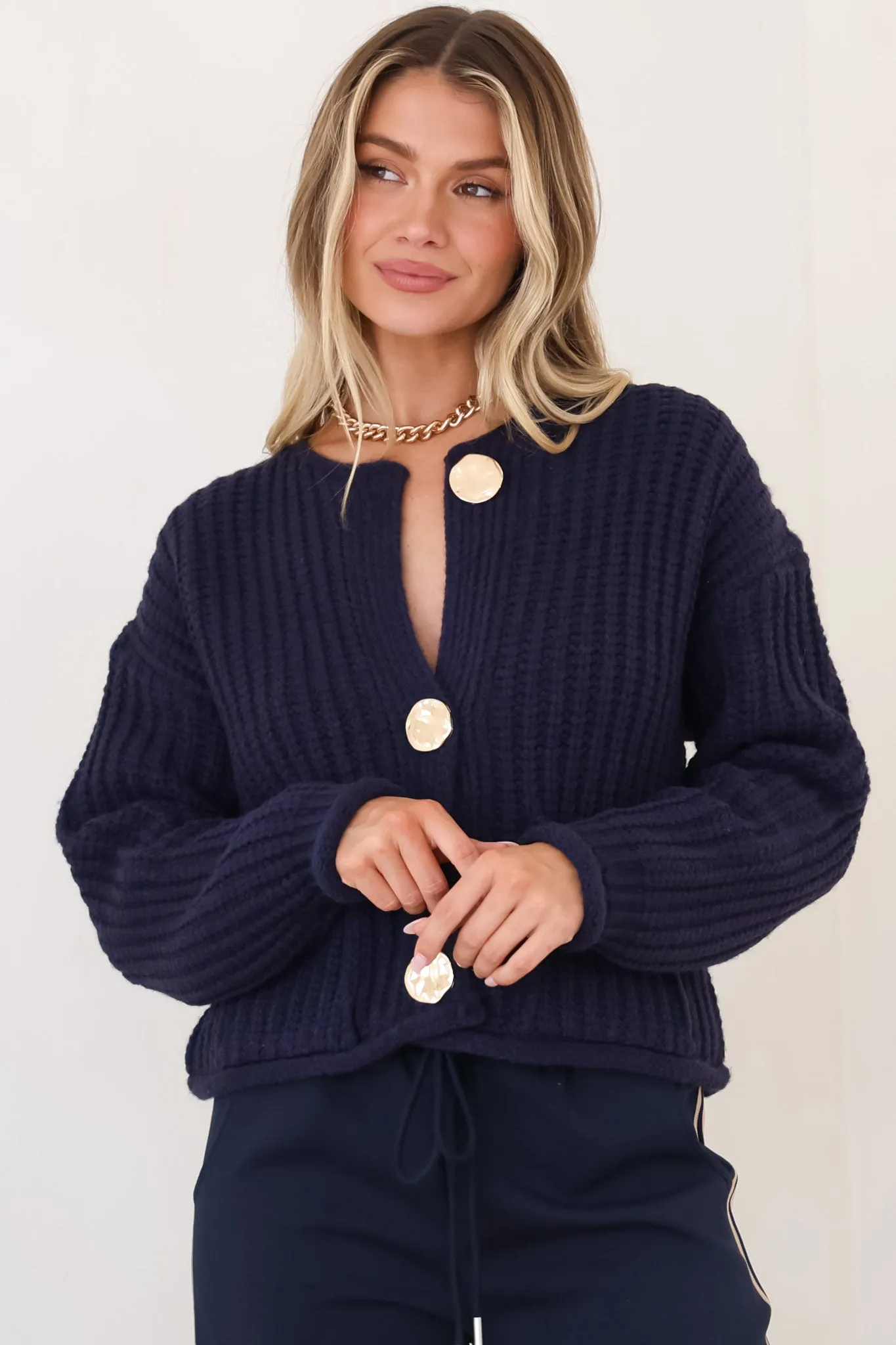 Clara Cardigan - Cable Knit Chunky Gold Buttoned Cardigan in Navy sold by Salty Crush product image thumbnail 3