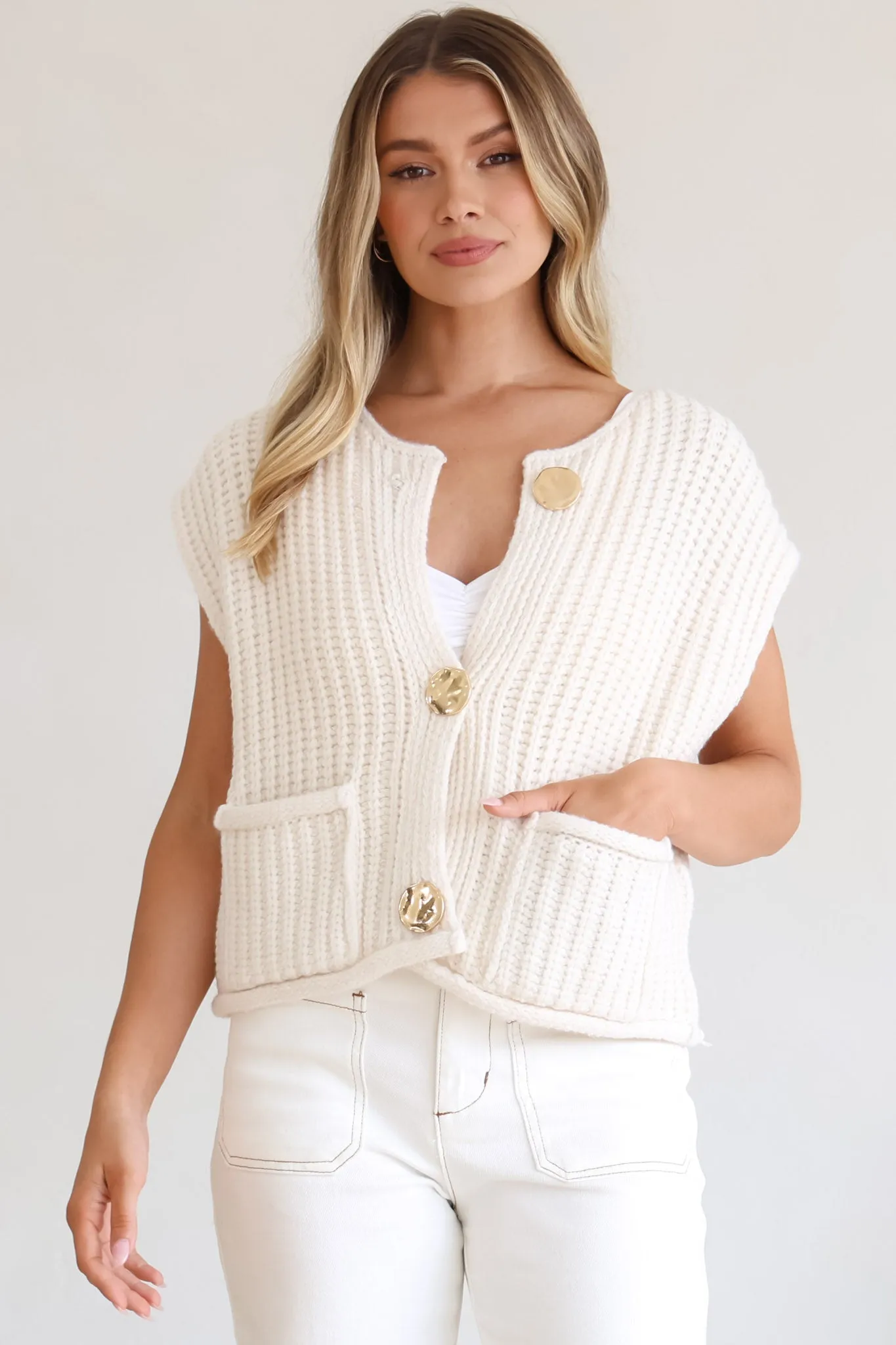 Khloe Knit Top - Sleeveless Large Gold Abstract Button Front Knit in Beige sold by Salty Crush