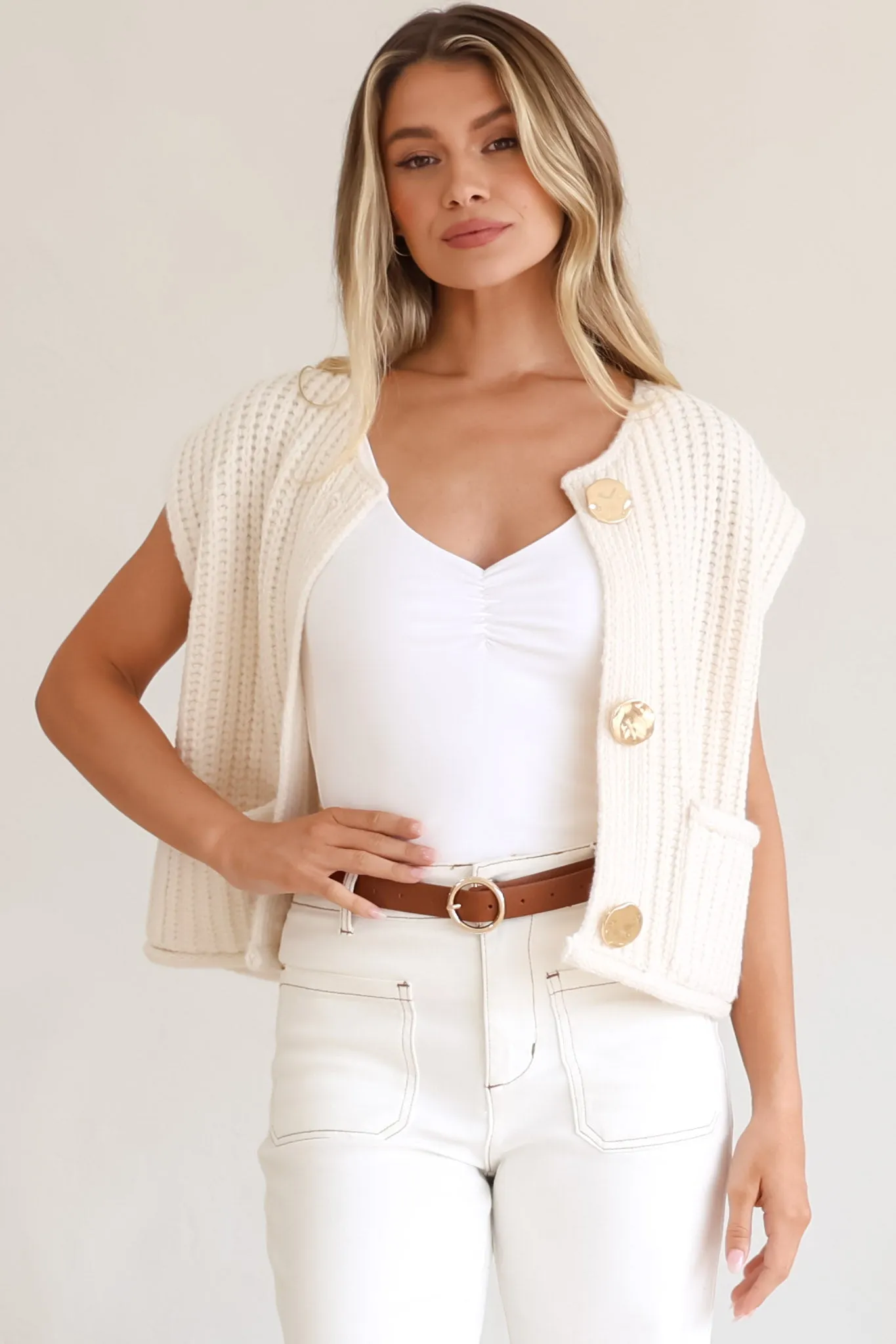Khloe Knit Top - Sleeveless Large Gold Abstract Button Front Knit in Beige sold by Salty Crush product image thumbnail 3