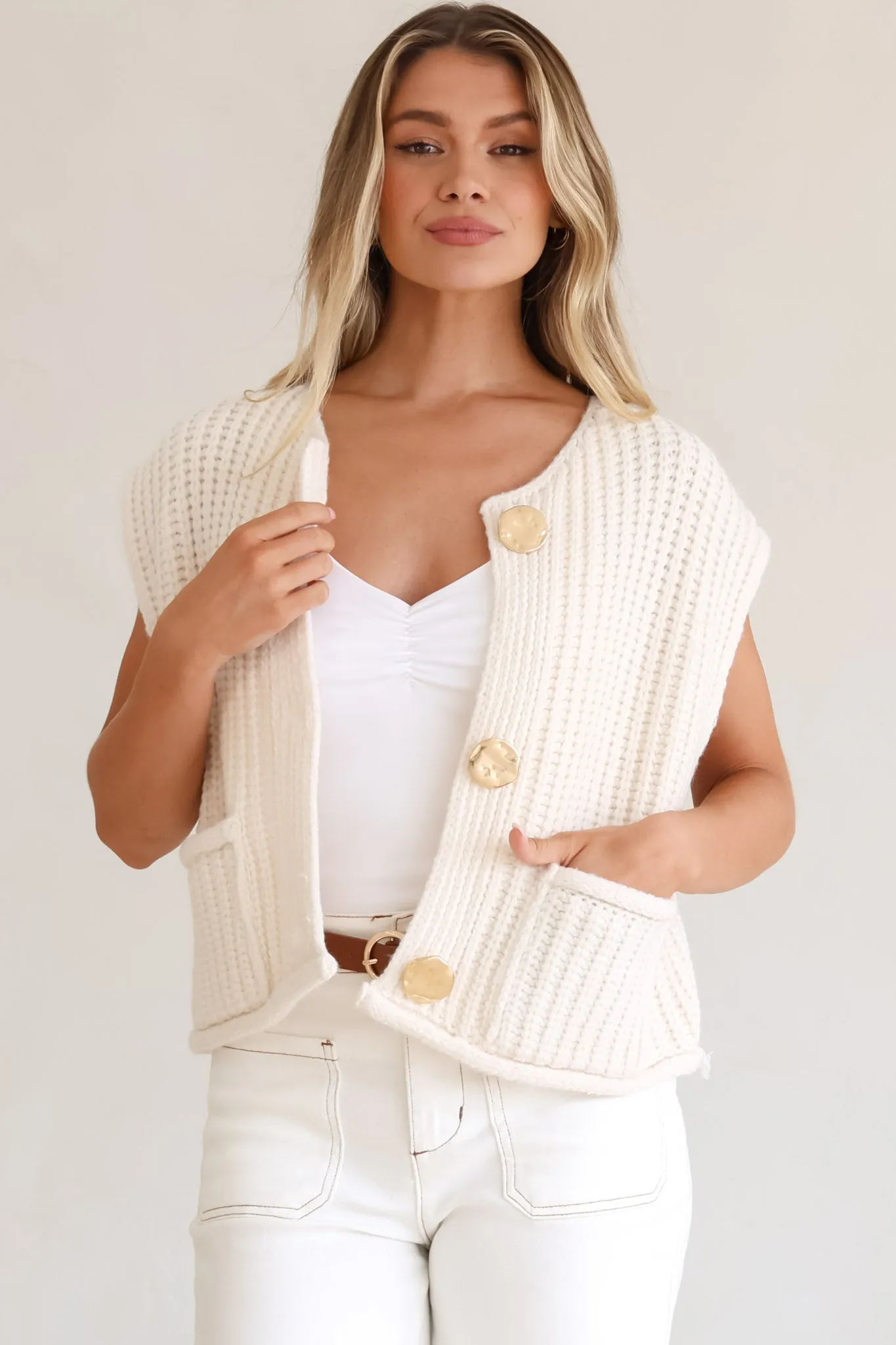 Khloe Knit Top - Sleeveless Large Gold Abstract Button Front Knit in Beige sold by Salty Crush product image thumbnail 5