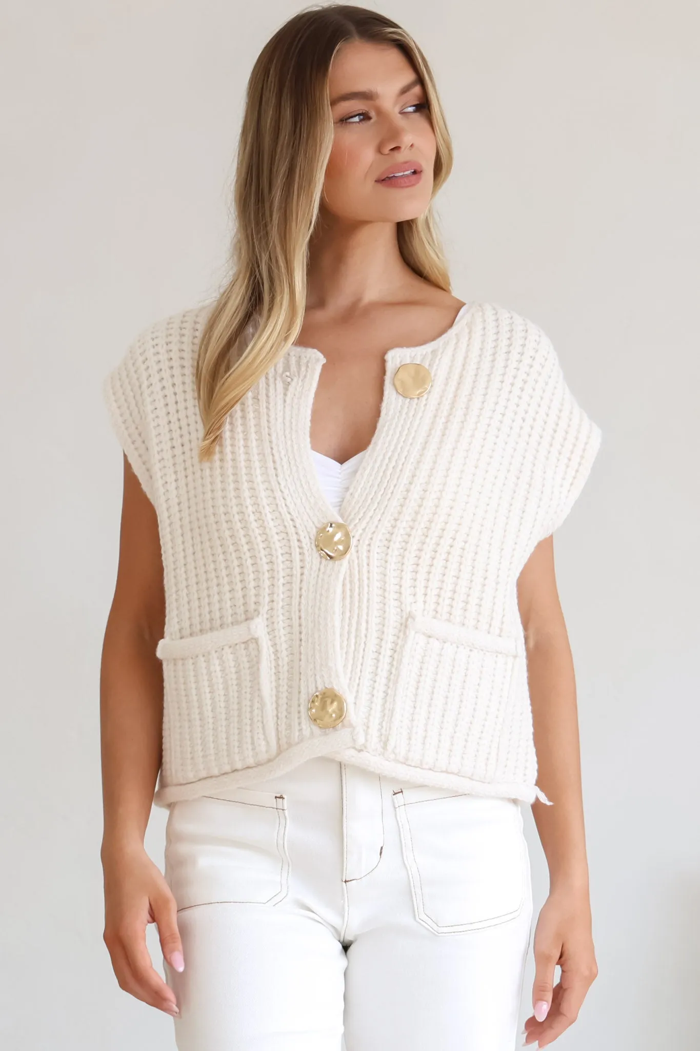 Khloe Knit Top - Sleeveless Large Gold Abstract Button Front Knit in Beige sold by Salty Crush product image thumbnail 4