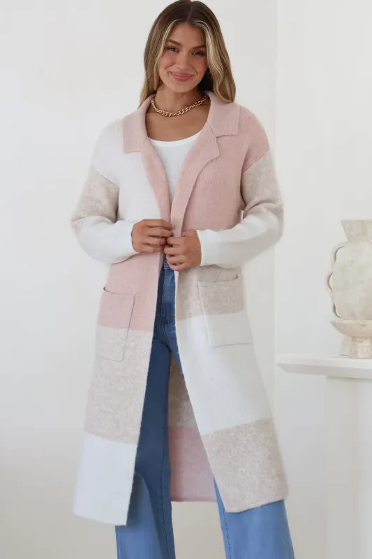 Cassidy Cardigan - Open Front Long Color Block Cardigan with Pockets in Pink sold by Salty Crush