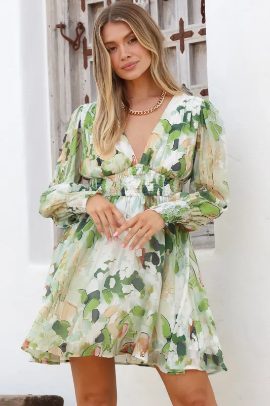 Celita Mini Dress - Deep V-Neck Dress with Flowing Skirt in Kamara Print Green sold by Salty Crush