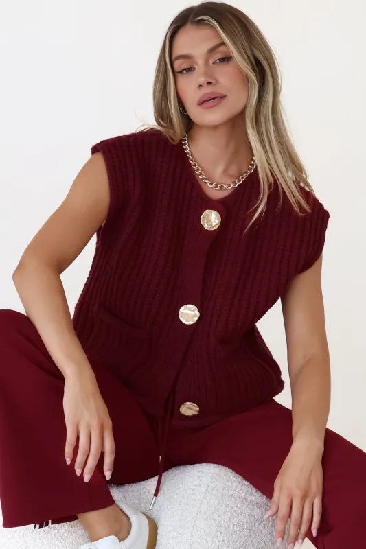 Khloe Knit Top - Sleeveless Large Gold Abstract Button Front Knit in Wine sold by Salty Crush