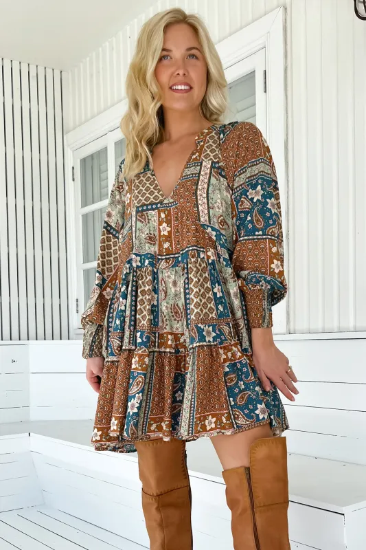 Soul Mini Dress - Mandarin Collar V Neck Long Sleeve Smock Dress in Izabelle Print sold by Salty Crush