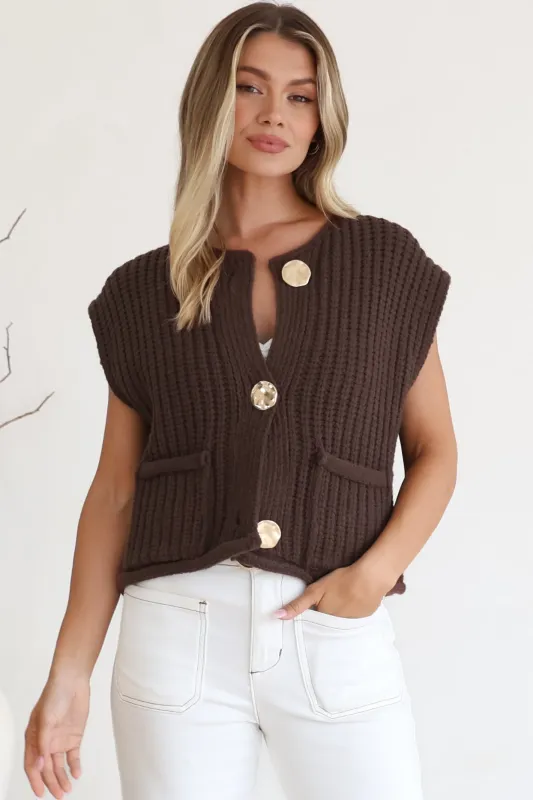 Khloe Knit Top - Sleeveless Large Gold Abstract Button Front Knit in Coffee sold by Salty Crush