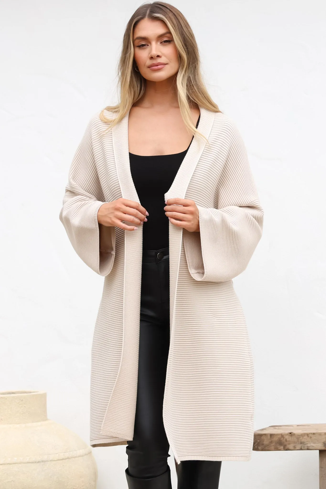 Navie Cardigan - Rolled Collar Ribbed Texture Cardigan with Waist Tie in Oat sold by Salty Crush product image thumbnail 5