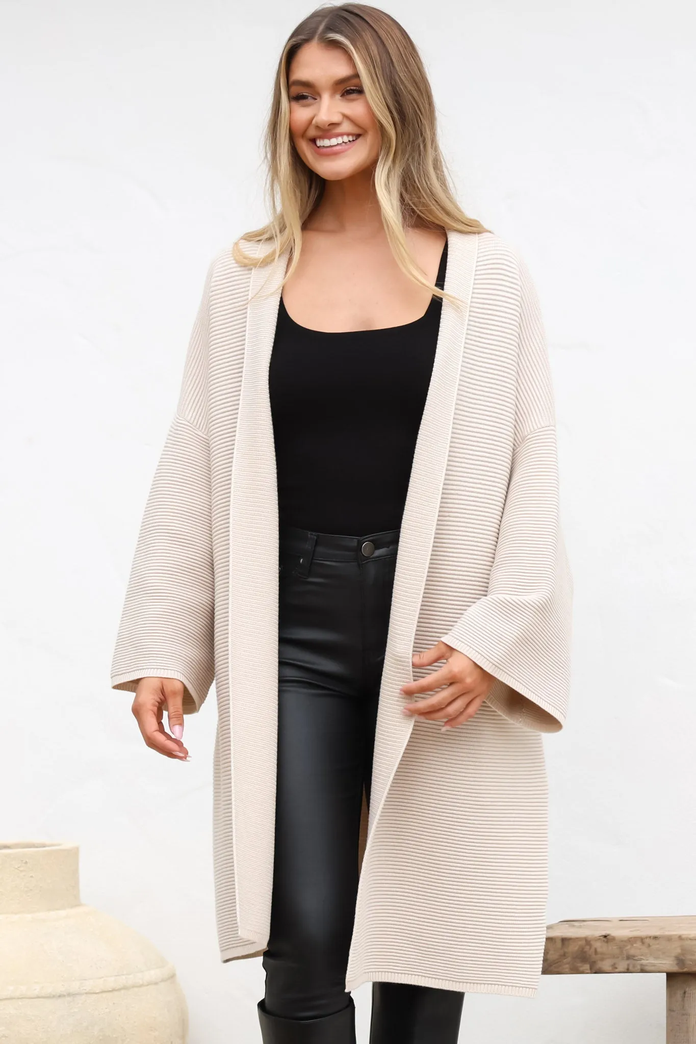 Navie Cardigan - Rolled Collar Ribbed Texture Cardigan with Waist Tie in Oat sold by Salty Crush product image thumbnail 3