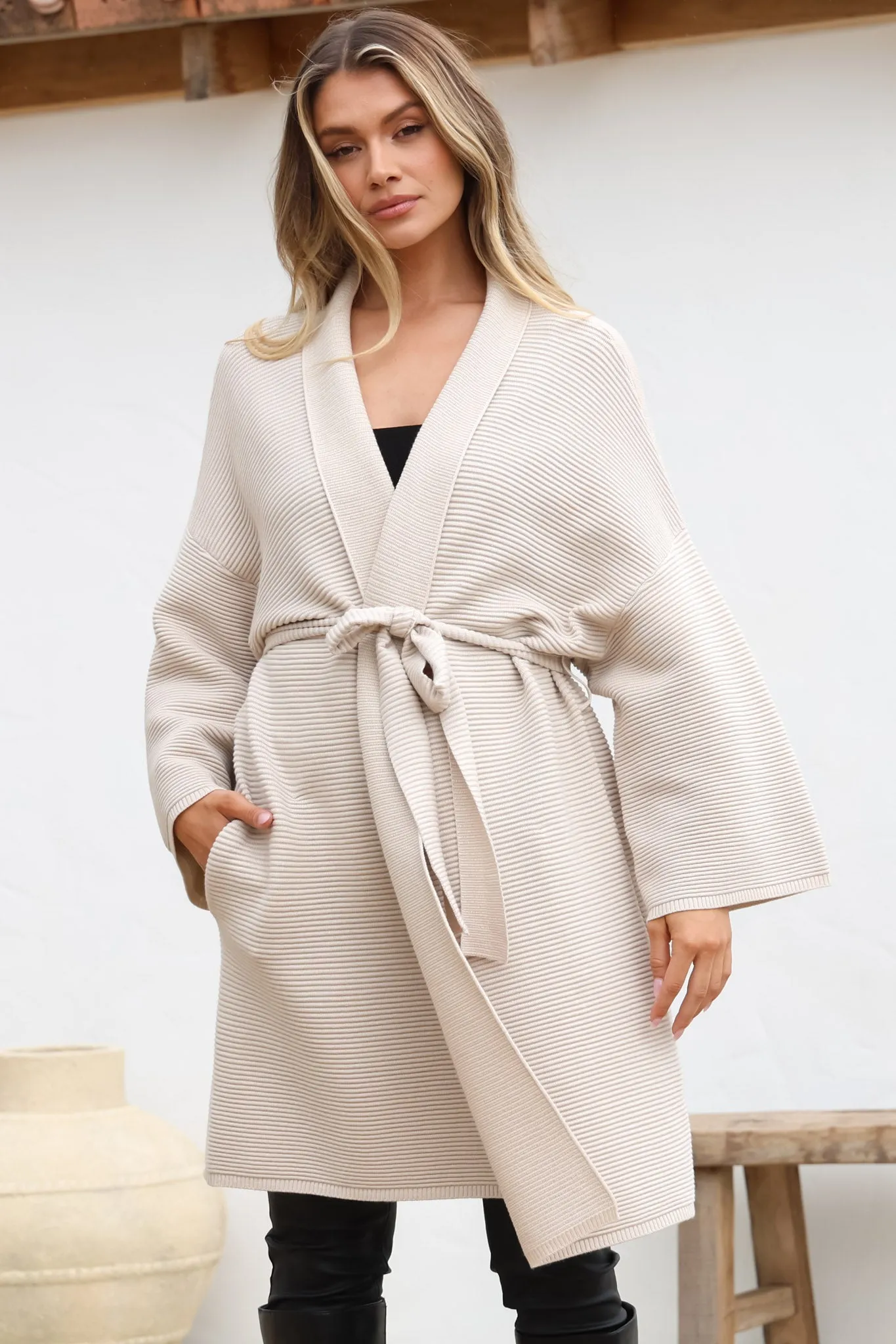 Navie Cardigan - Rolled Collar Ribbed Texture Cardigan with Waist Tie in Oat sold by Salty Crush product image thumbnail 4