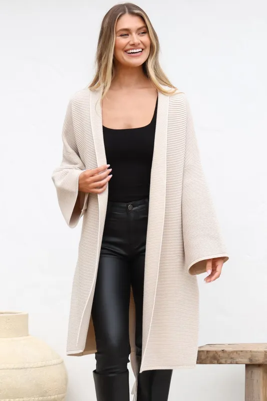 Navie Cardigan - Rolled Collar Ribbed Texture Cardigan with Waist Tie in Oat sold by Salty Crush