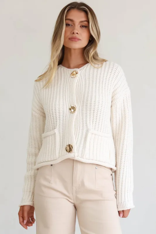 Clara Cardigan - Cable Knit Chunky Gold Buttoned Cardigan in Cream sold by Salty Crush