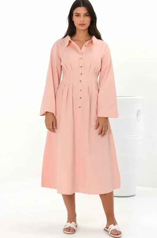 Adalyn Midi Dress - Collared A Line Dress with Cinched Waistline and Contrast Stitching in Pink sold by Salty Crush